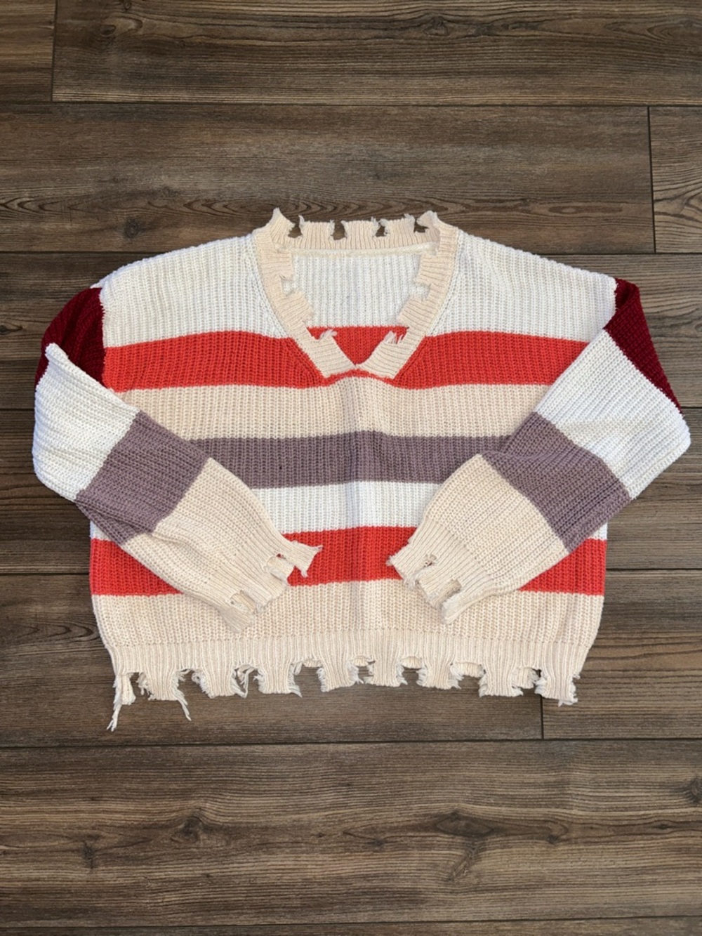 Striped Distressed V-Neck Sweater in White, Red & Purple